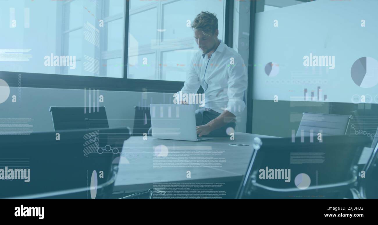 Image of statistical data processing against thoughtful caucasian man using laptop at office. Computer interface and business data technology concept Stock Photo
