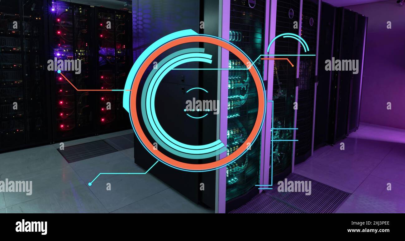 Image of round scanner against computer server room. Computer interface ...