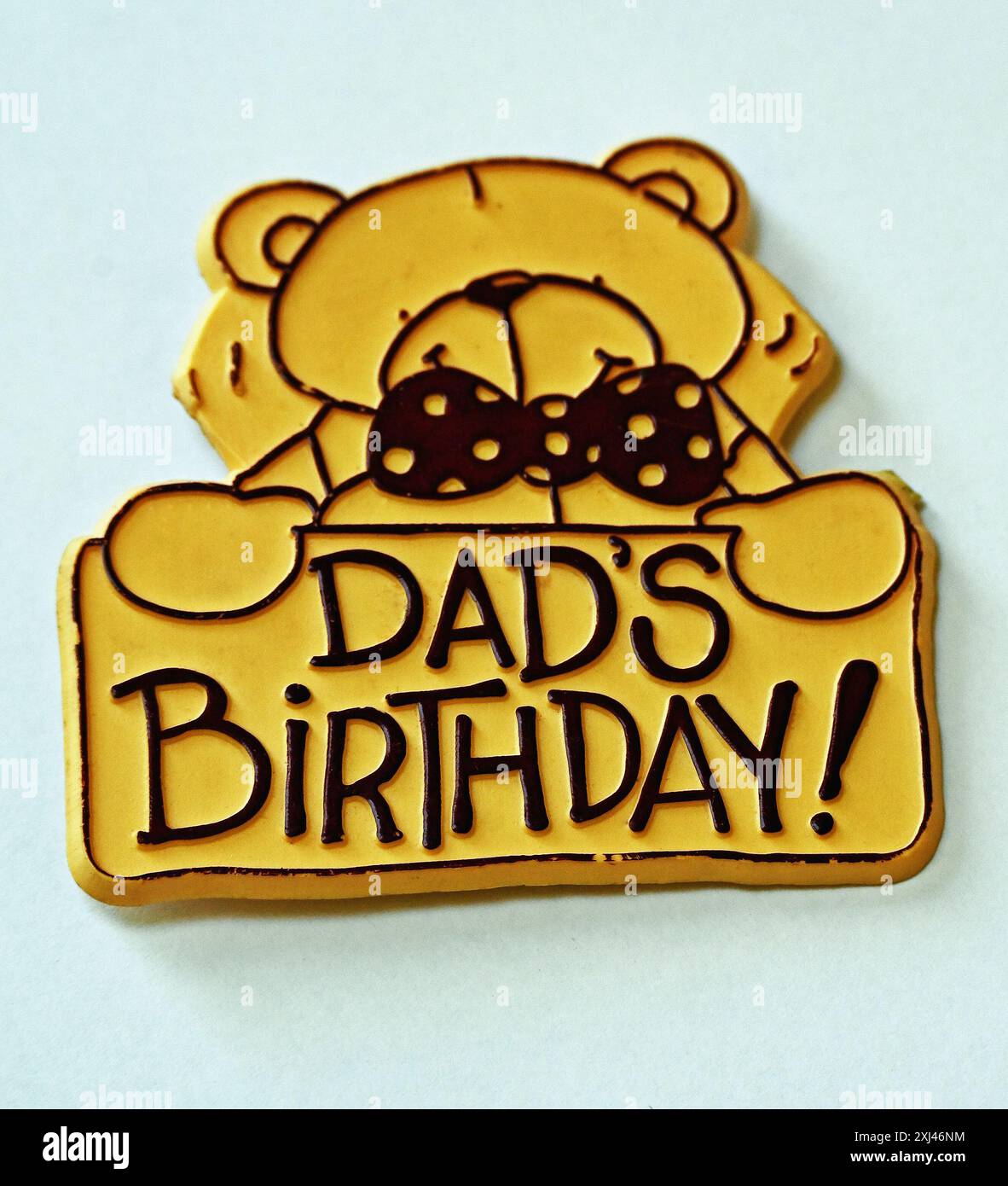 Child's plastic badge "Dad's Birthday!". Stock Photo