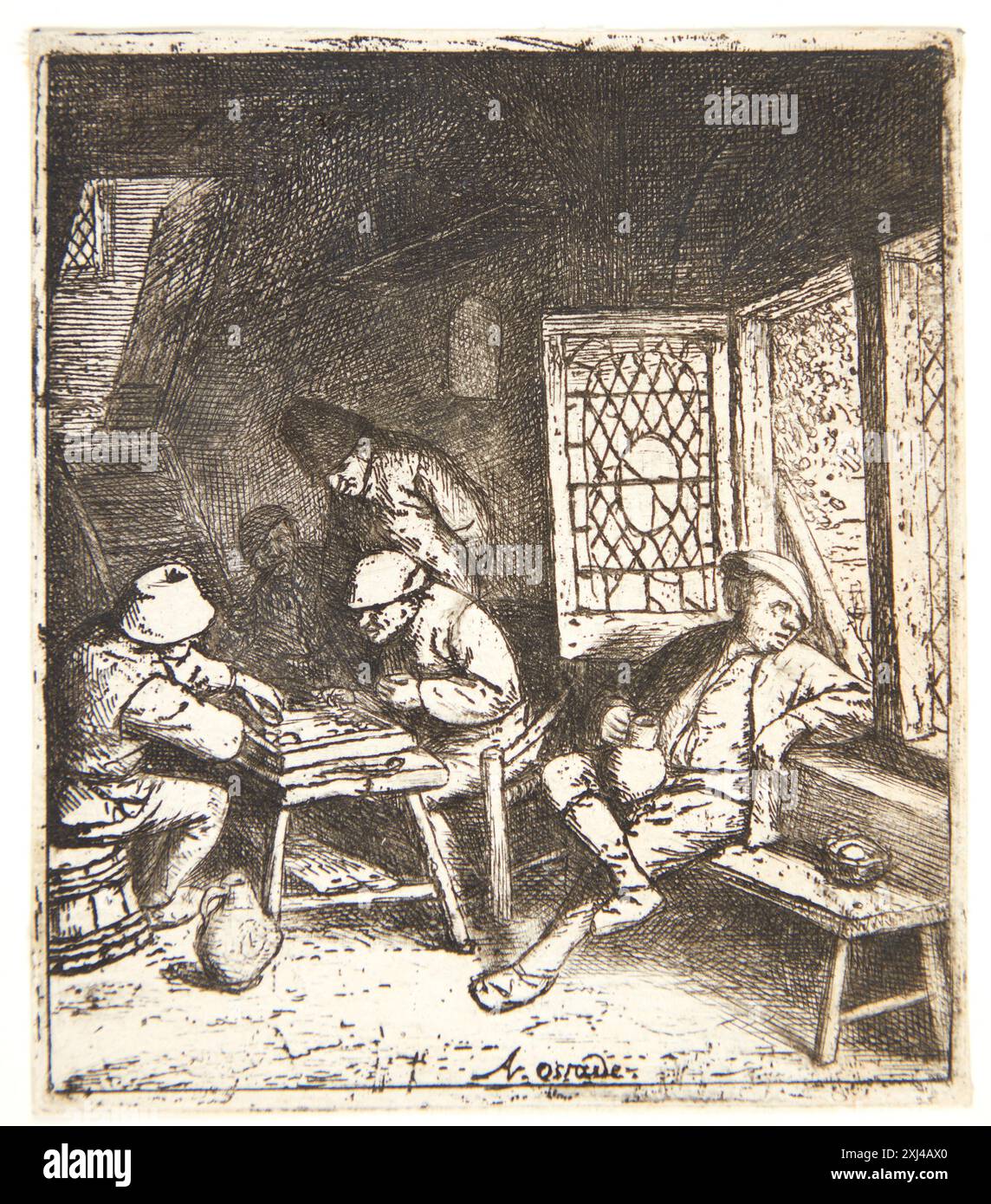 Backgammon players Ostade, Adriaen van 1610 - 1685 Etching, Print Hollstein's Dutch and Flemish etchings, engravings and woodcuts 1450-1700 (vol. XV), Van Ostade - de Passe, K. G. Boon, 39, C 38945, 1964. The Illustrated Bartsch 1, Netherlandish Artists, van Laer, Vlieger, Potter, de Bije m.fl., Leonard J. Slatkes, 39, C 36164, 1978. Les marques de collections de dessins & d'estampes: marques estampillées et écrites de collections particulières et publiques, Frits Lugt, 567, 7027, 1921-1956 Backgammonspillerne Stock Photo