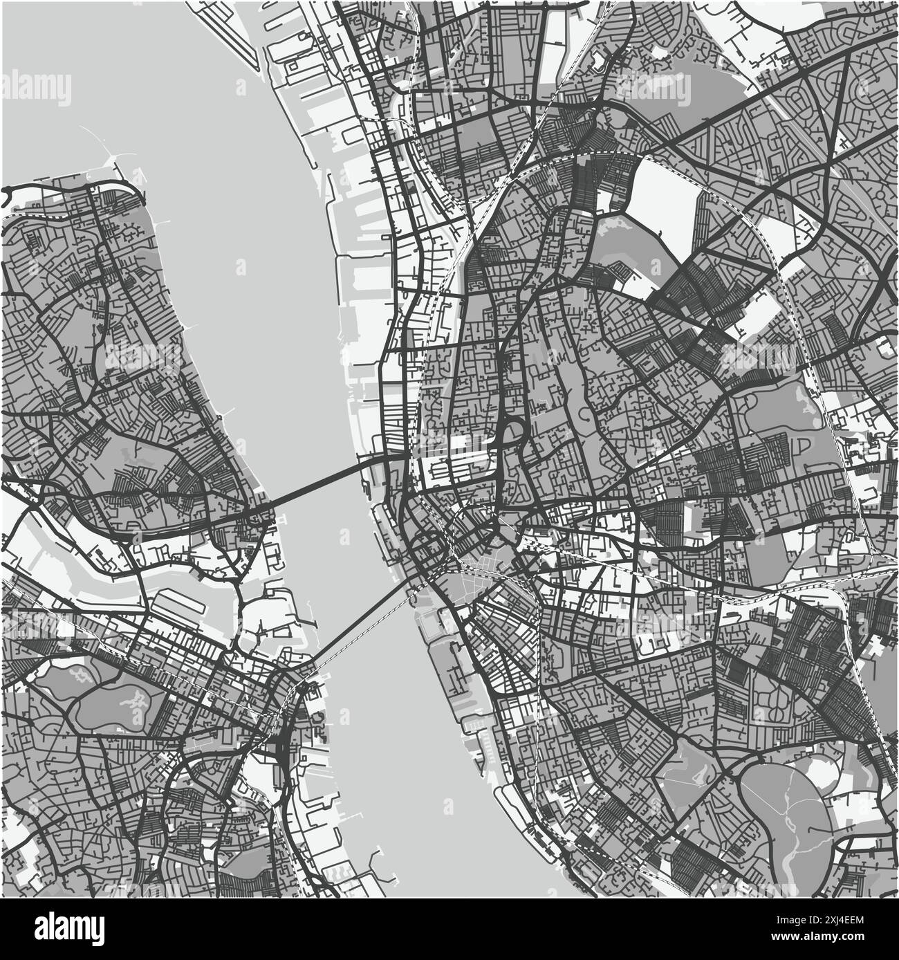 Map of Liverpool in United Kingdom in grayscale. Contains layered vector with roads water, parks, etc. Stock Vector