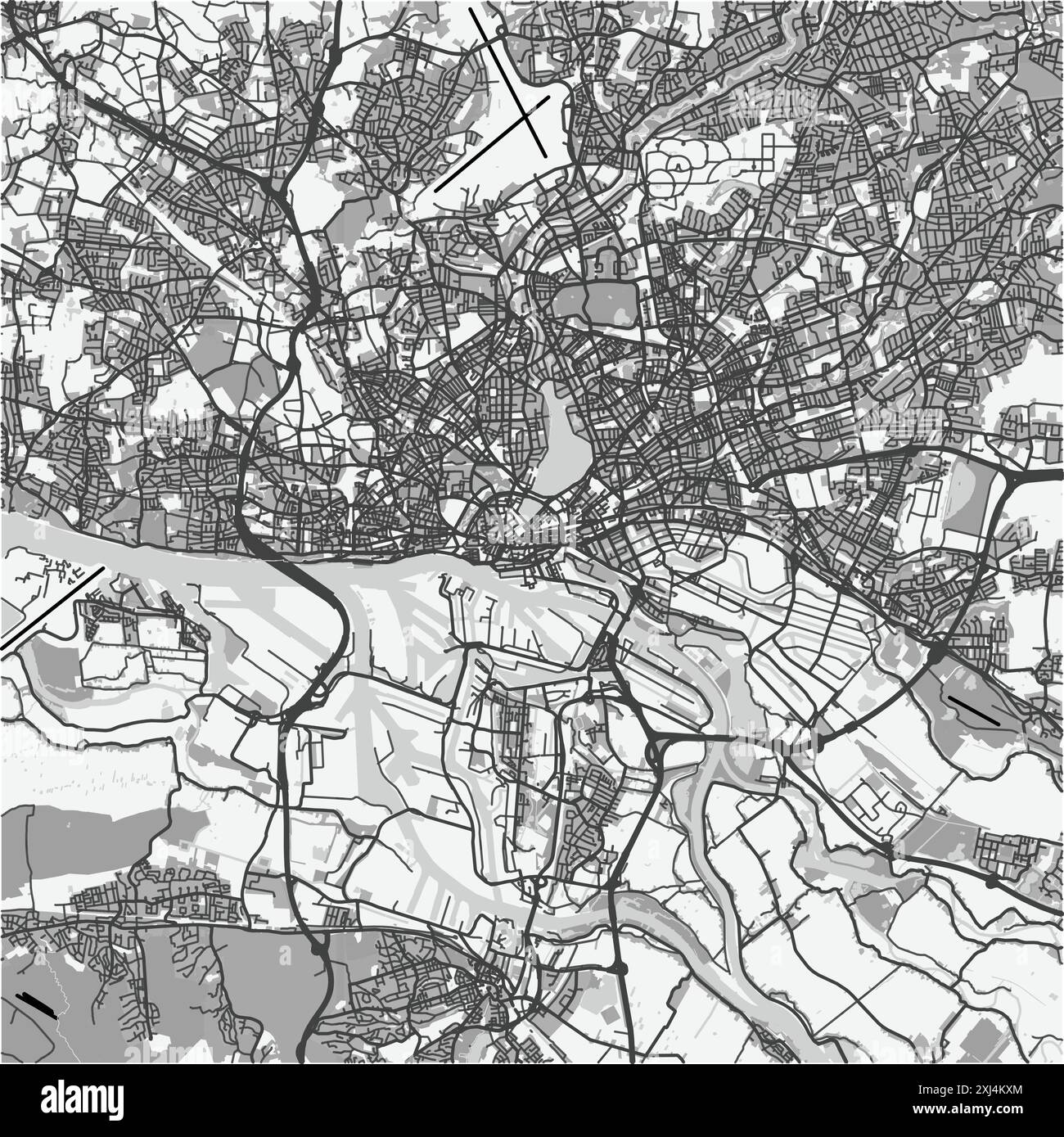 Map of Hamburg in Germany in grayscale. Contains layered vector with ...