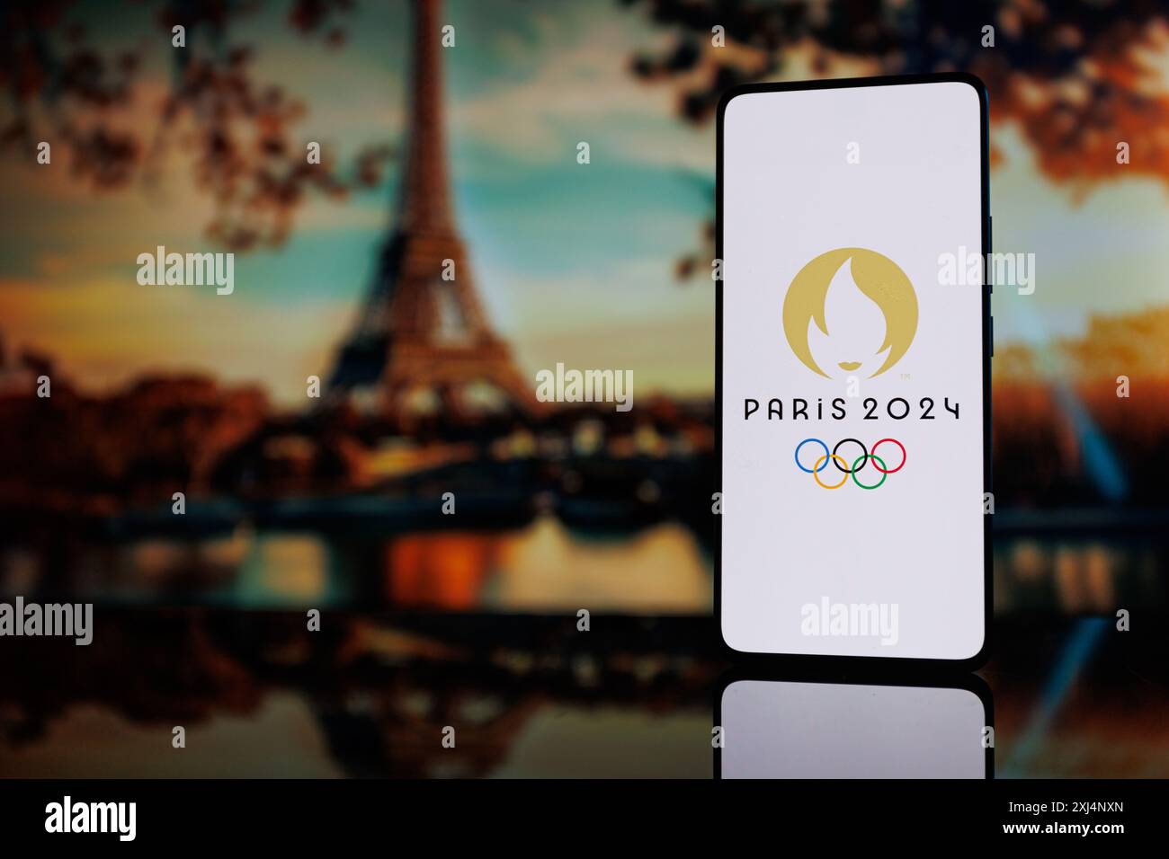 Paris Olympic games logo in front of Eiffel tower picture. Paris Olympic Games 2024 in France