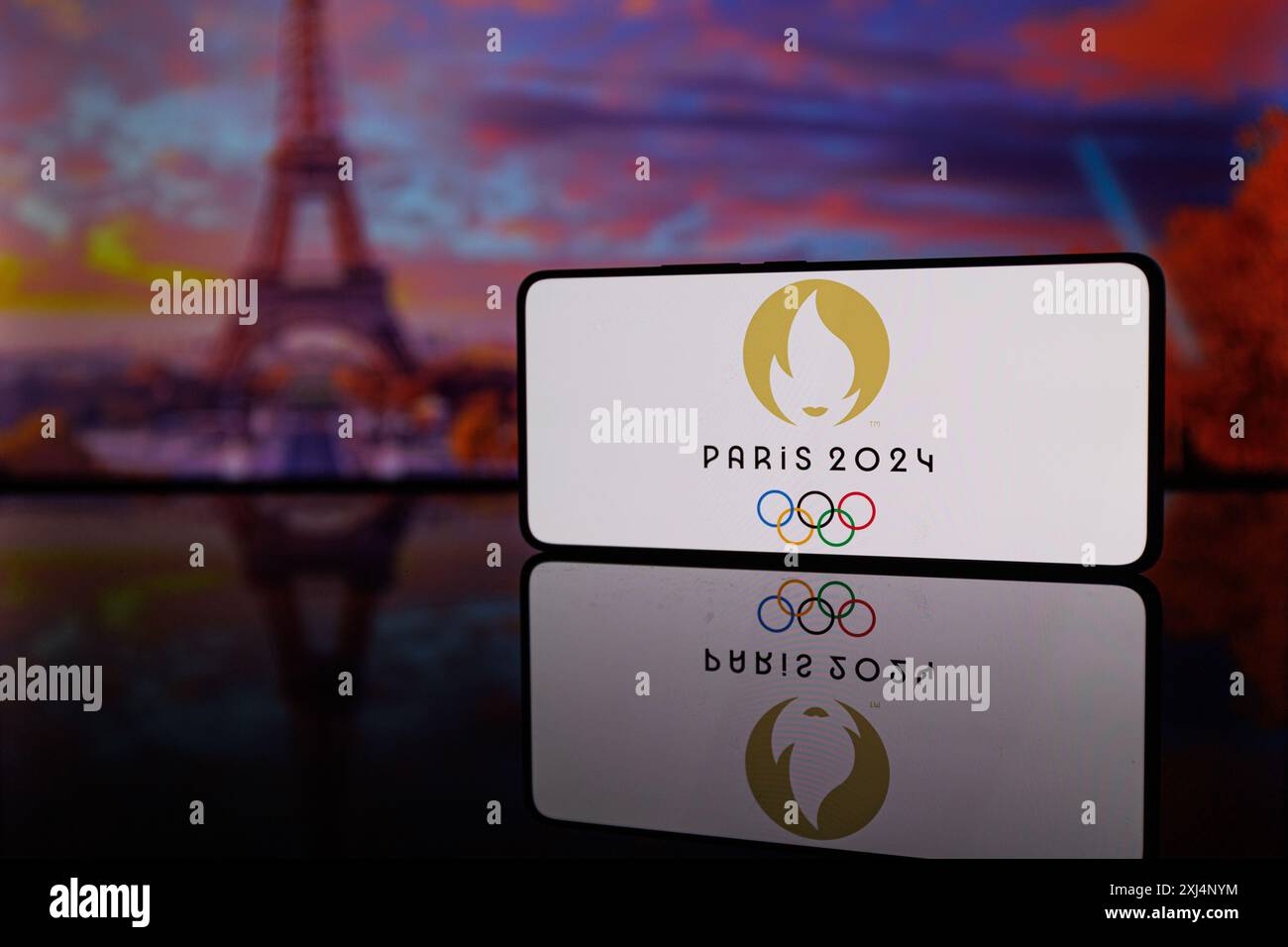 Paris Olympic games logo in front of Eiffel tower picture. Paris Olympic Games 2024 in France