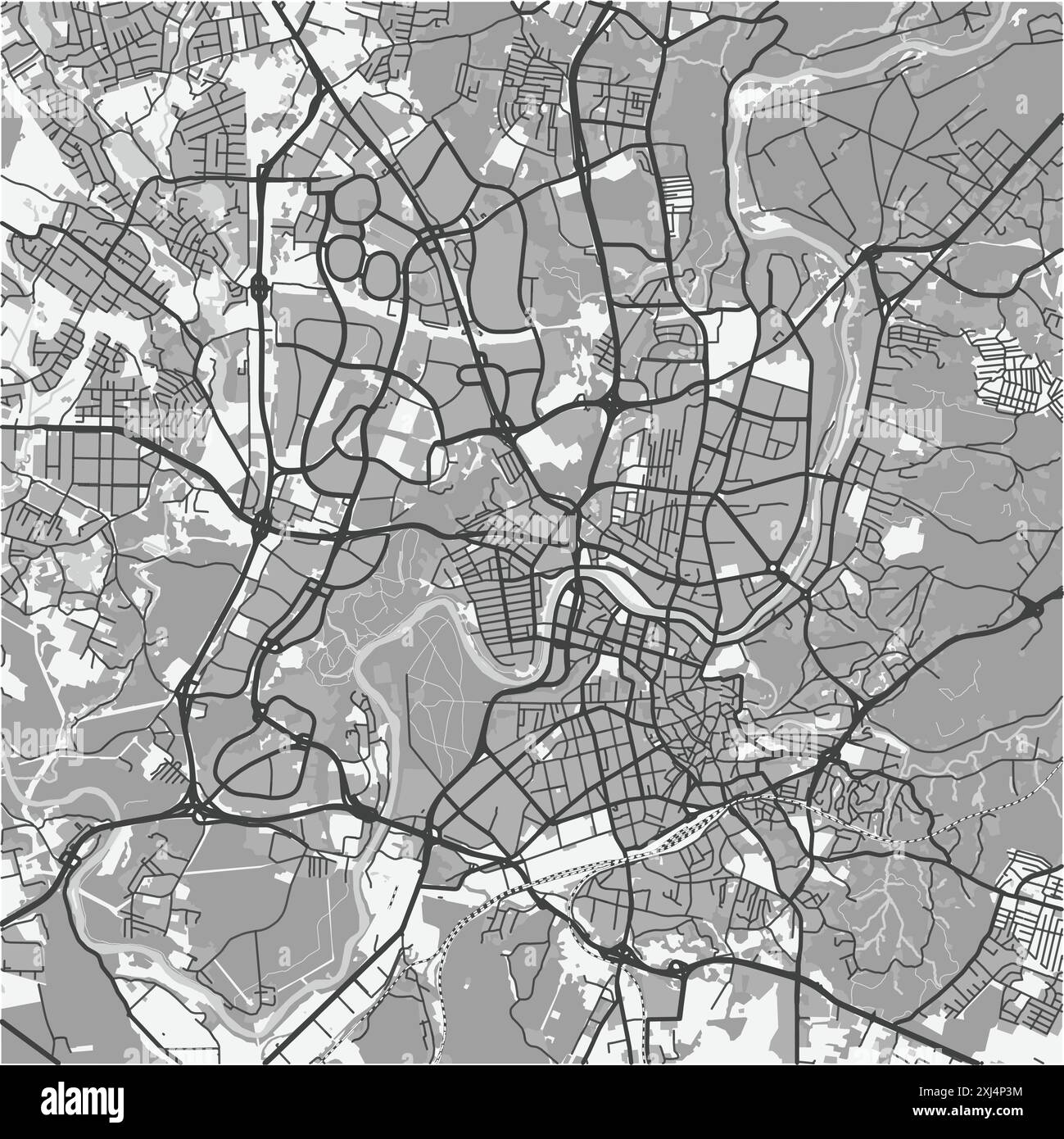 Map of Vilnius in Lithuania in grayscale. Contains layered vector with ...