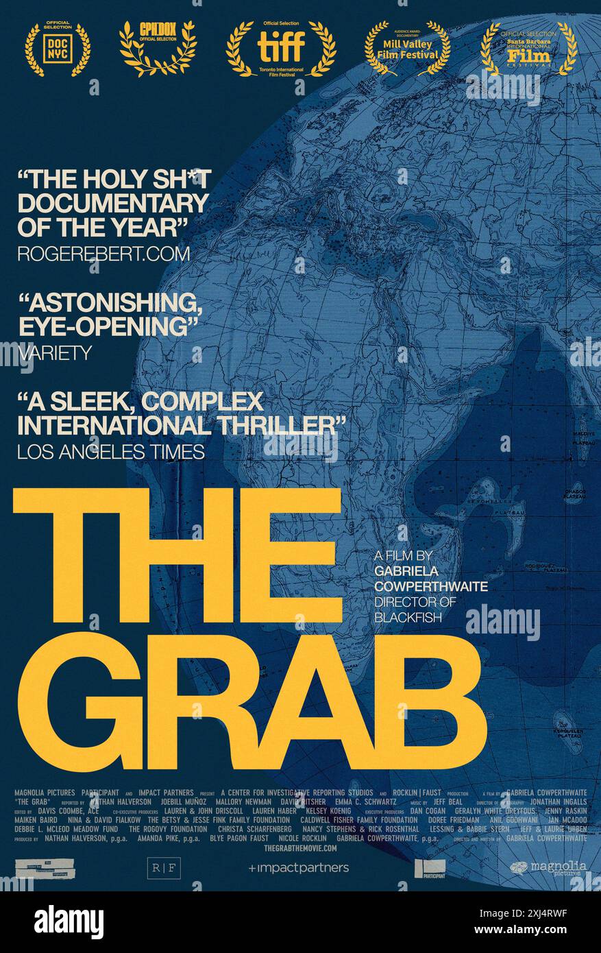 The Grab (2022) directed by Gabriela Cowperthwaite and starring Rod Schoonover, Nathan Halverson and Holly Irwin. An investigative journalist uncovers the money, influence, and alarming rationale behind covert efforts to control the most vital resource on the planet. US one sheet poster ***EDITORIAL USE ONLY***. Credit: BFA / Magnolia Pictures Stock Photo