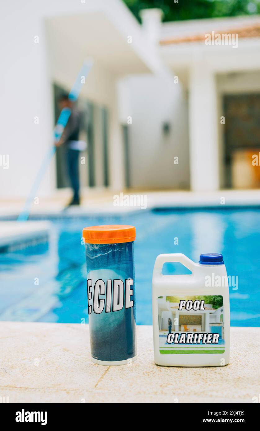 Algaecide and clarifier for swimming pools. Clarifying chemical at the