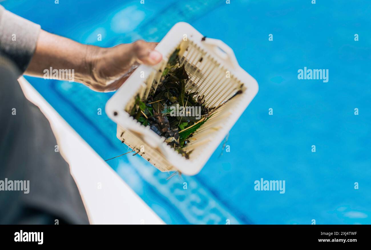 Man cleaning garbage filter basket for swimming pool. trash. Hand ...