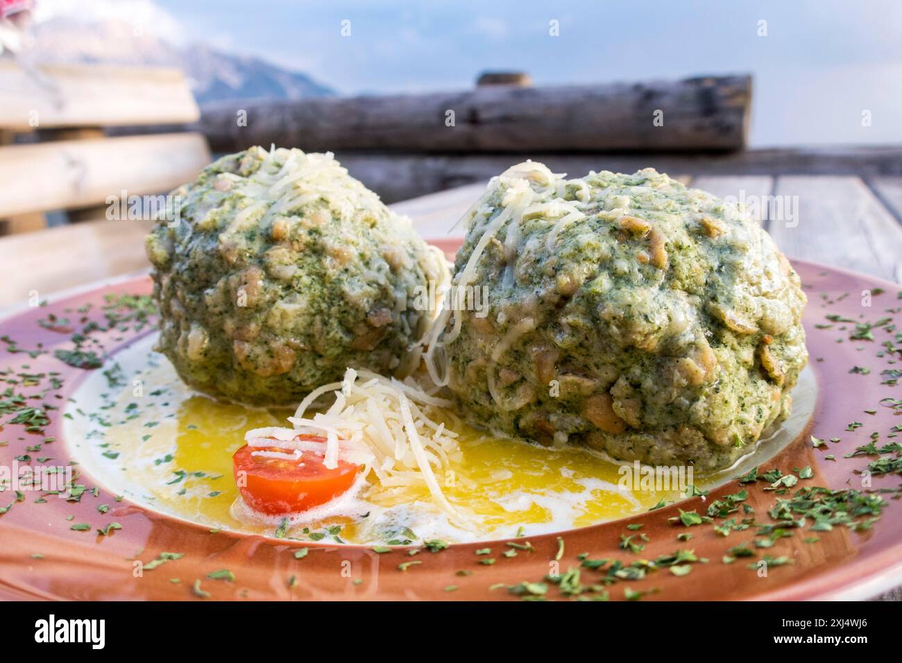 Austrian spinach dumplings on a table Stock Photo