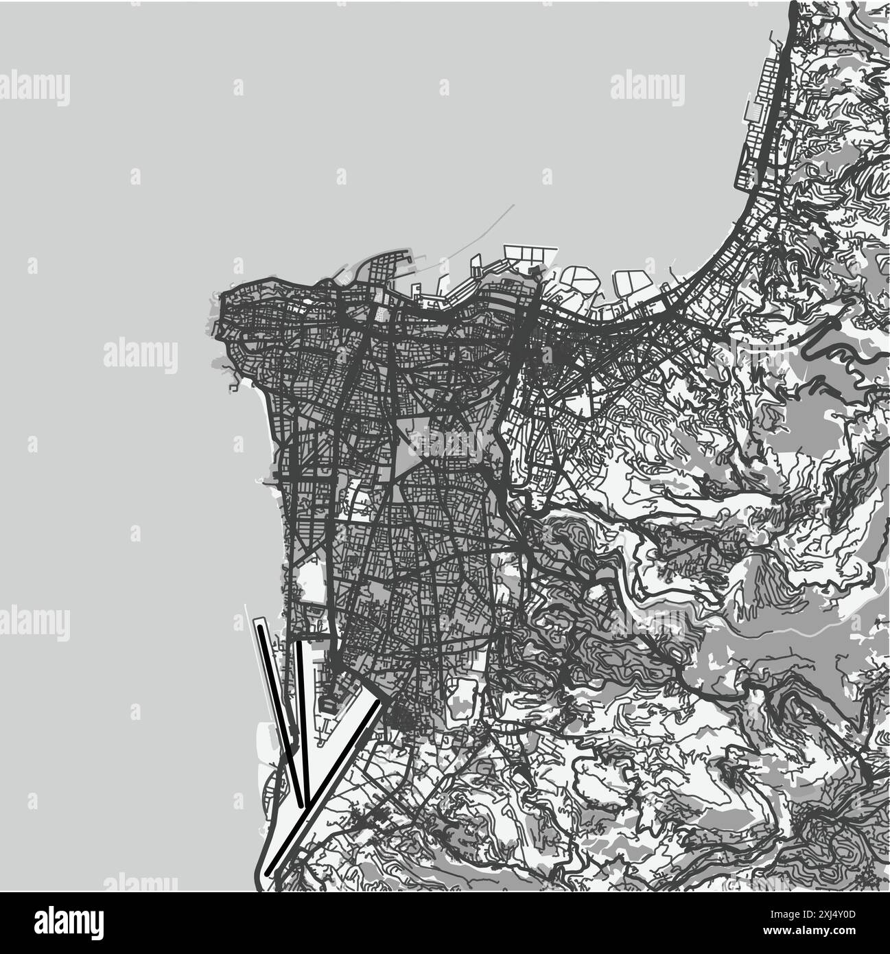 Map of Beirut in Lebanon in grayscale. Contains layered vector with roads water, parks, etc. Stock Vector