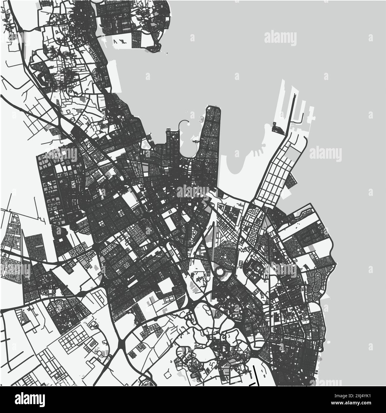 Map of Dammam in Saudi Arabia in grayscale. Contains layered vector