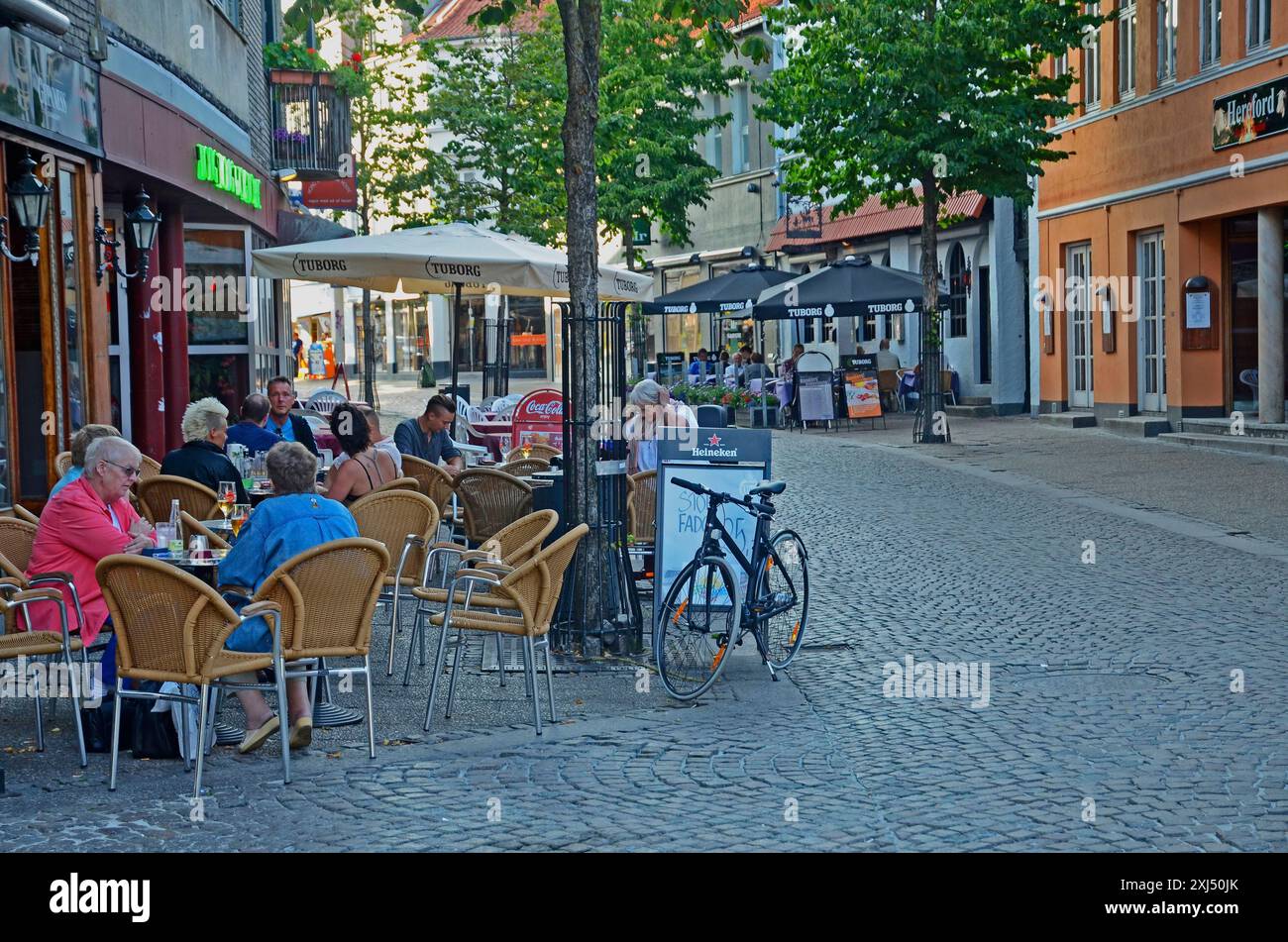 Outdoor cafe shop on a cobbled street in an older quarters in Randers, Jutland, Denmark, Scandinavia Stock Photo