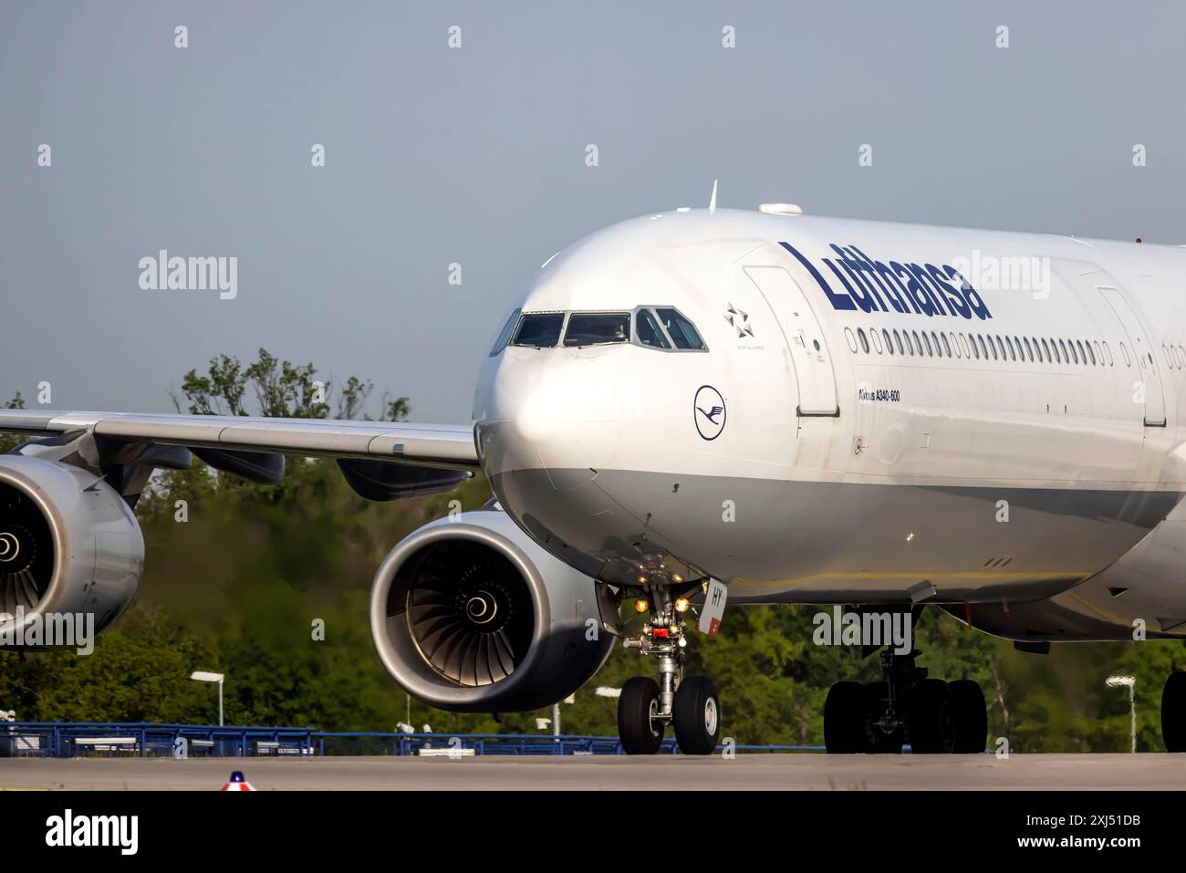 Aircraft at Fraport Airport shortly after landing, Airbus A340-600 of the airline Lufthansa. Frankfurt am Main, Hesse, Germany Stock Photo