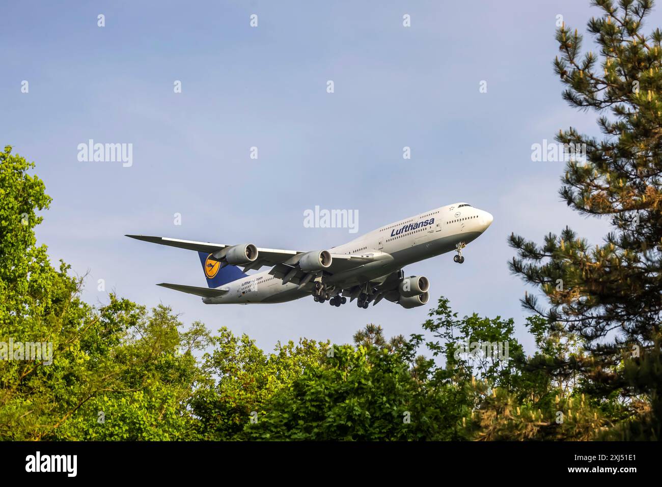 Aircraft on approach at Frankfurt Airport, Fraport. Airline LUFTHANSA, BOEING 747-830. jumbo jet. Frankfurt am Main, Hesse, Germany Stock Photo