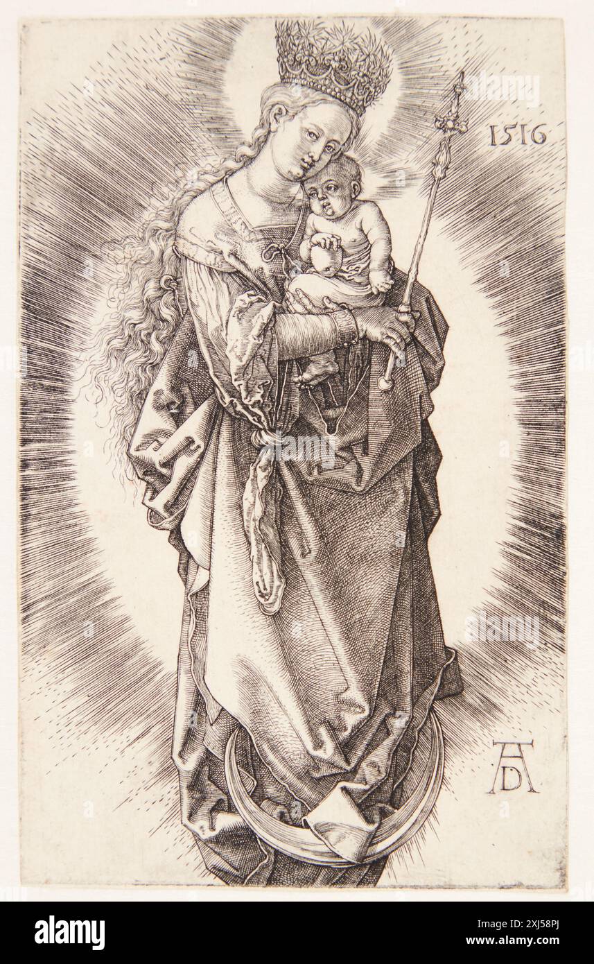 The Virgin on a crescent with a crown of stars and a scepter Dürer, Albrecht 1471 - 1528 Copper engraving, Print Dürer-Katalog: ein Handbuch über Albrecht Dürers Stiche, Radierungen, Holzschnitte, deren Zustände, Ausgaben und Wasserzeichen, Joseph Meder, nr. 37, 11088, 1932. Albrecht Dürer: 1-2, Erwin Panofsky, vol. II, nr. 139, 16666, 1945. Albrecht Dürer: kobberstik og raderinger, Erik Fischer, Omt. og afb. kat.nr. 88, 42289, 1971. The Illustrated Bartsch 10, Sixteenth Century German Artists, Albrecht Dürer: Albrecht Dürer, Walter L. Strauss, nr. 32, C 36179, 1980. Kritisches Verzeichnis der Stock Photo