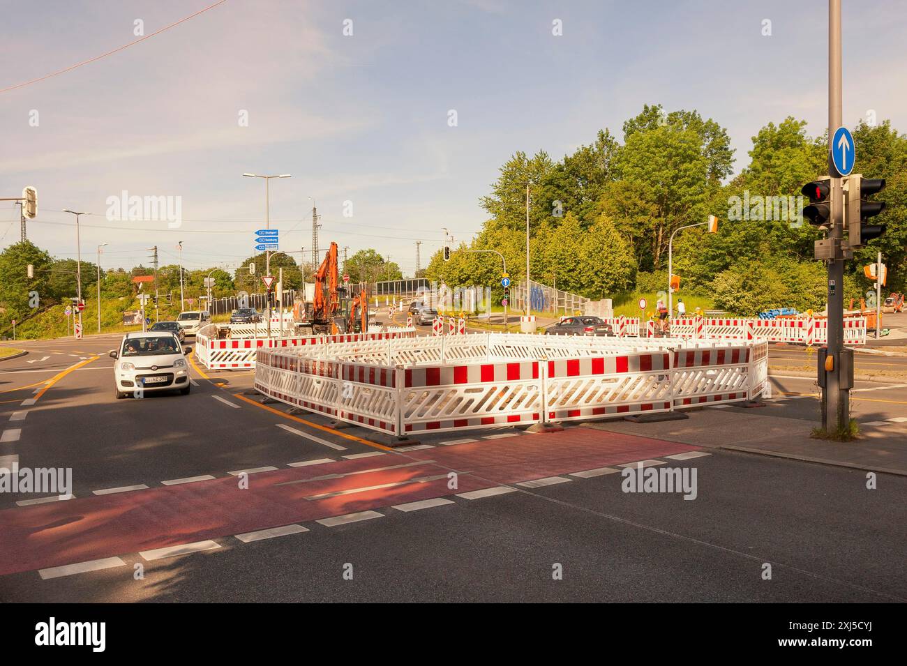 Roadworks, traffic congestion, traffic situation, obstruction, traffic flow, warning signs, speed, 30 km/h zone, diversions, obstacles, endless Stock Photo