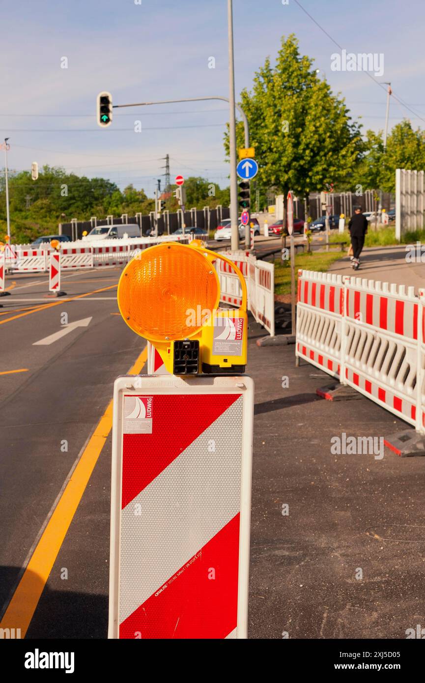 Roadworks, traffic congestion, traffic situation, obstruction, traffic flow, warning signs, speed, 30 km/h zone, diversions, obstacles, endless Stock Photo