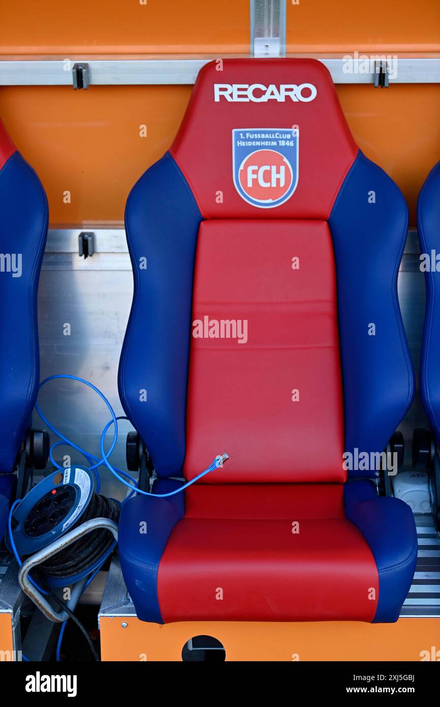 Recaro seats on coach's bench, bench, logo, LAN cable, network cable for laptop or tablet, digital, 1. FC Heidenheim 1846 FCH, Voith-Arena Stock Photo