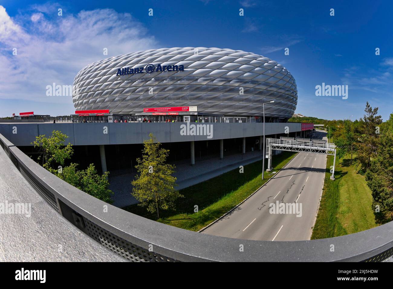 Exterior view Allianz Arena, logo, multi-storey car park, Munich, Bavaria, Germany Stock Photo