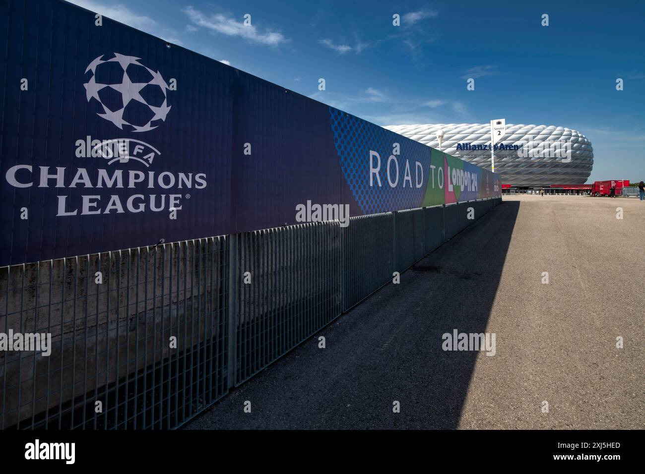 Exterior view of Allianz Arena, logo, Champions League, Road to London 2024, Munich, Bavaria, Germany Stock Photo