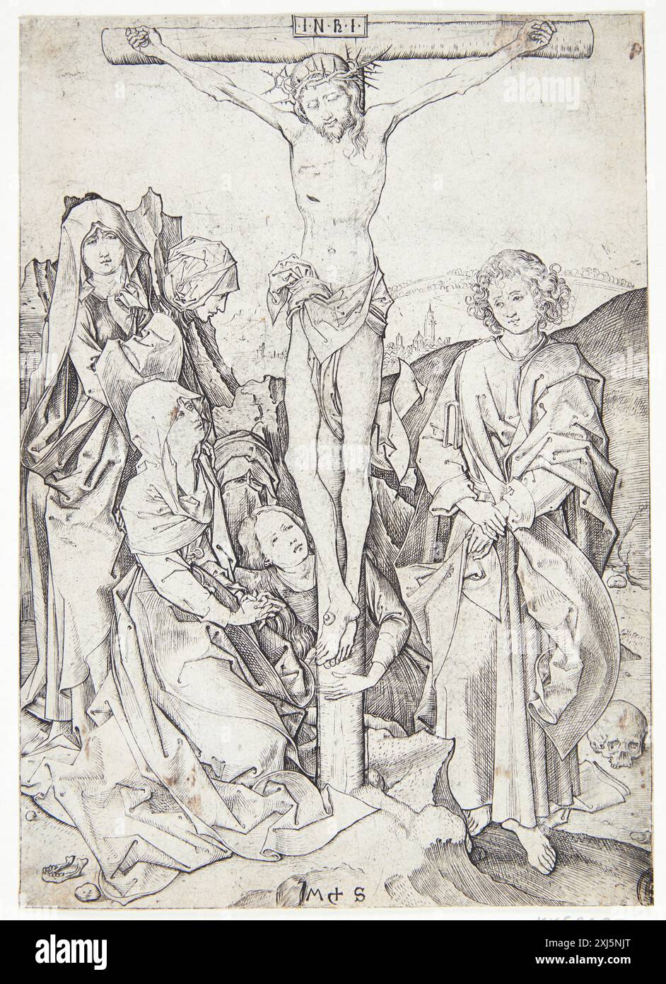 Copper engraving showing the crucifixion of Christ by Martin Schongauer ...