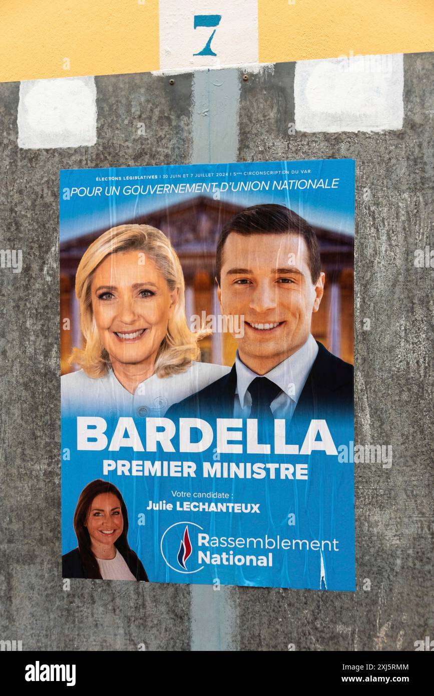 Election poster with the politicians Jordan Bardella and Marine Le Pen, Rassemblement Nationale, early elections in France 2024, Frejus, Cote Stock Photo