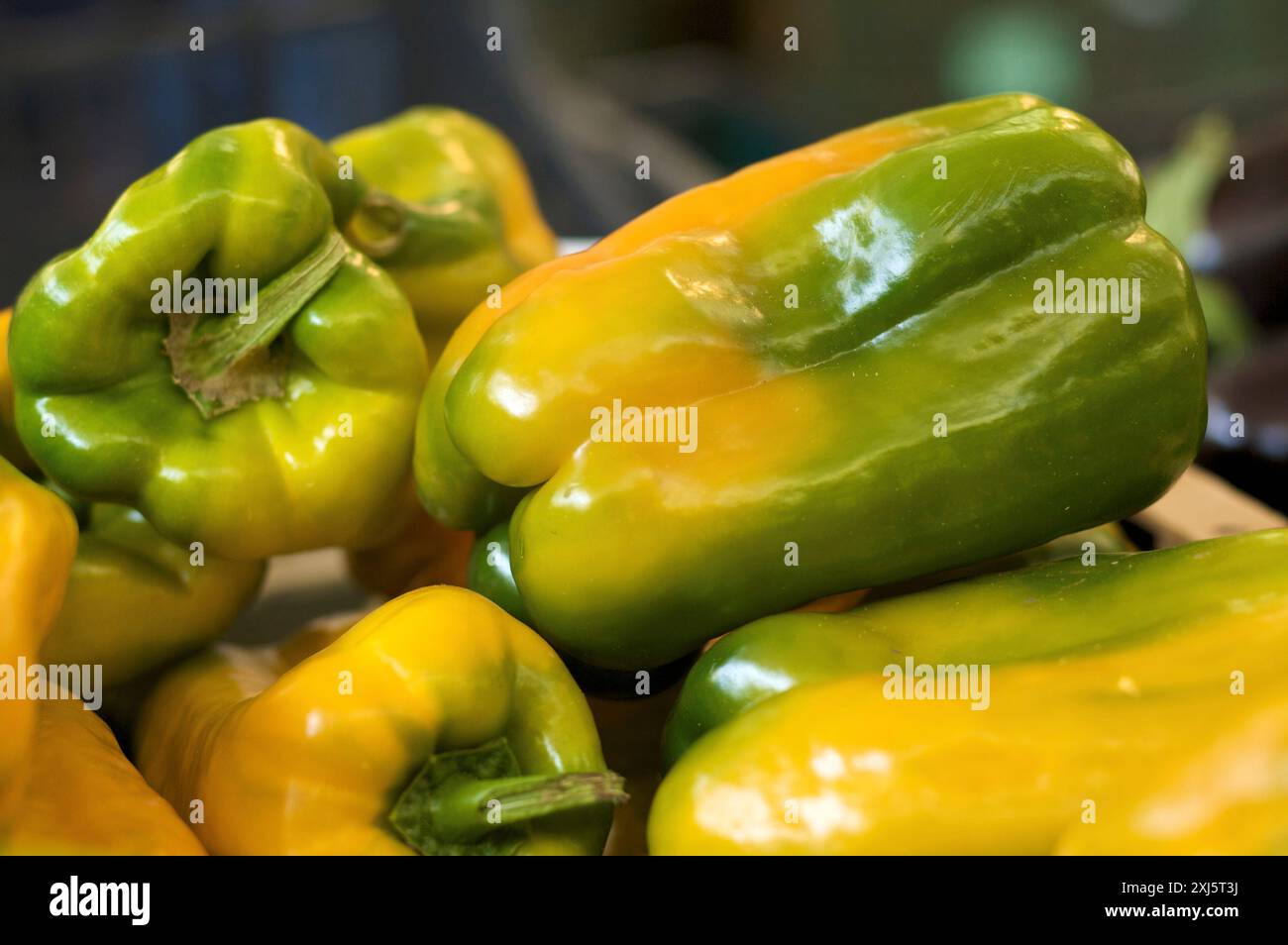 Green peppers on a market stall Stock Photo - Alamy