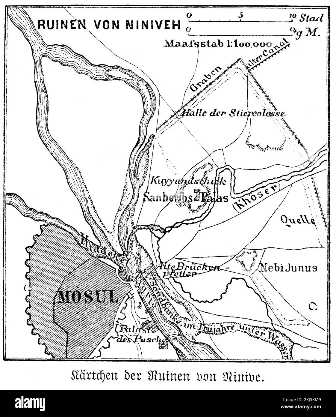 Map of the ruins of Nineveh or Niniveh on the Tigris, city wall, canal ...