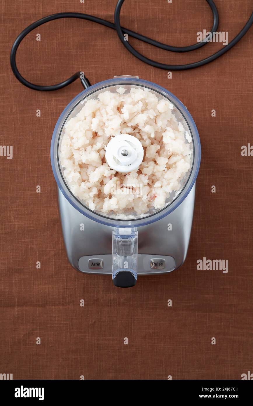 Mixing the fish in a blender Stock Photo