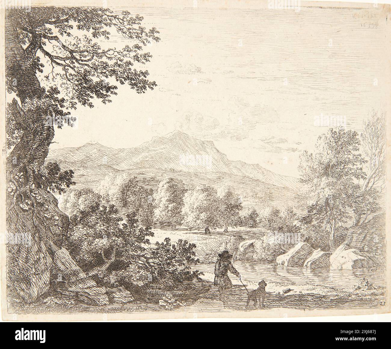Etching by Karel Du Jardin depicting a man standing with a dog, part of ...