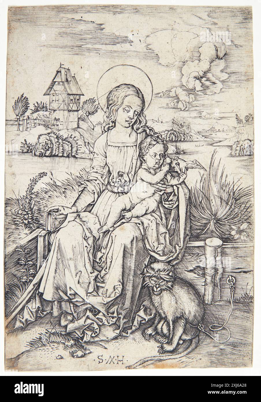 Copper engraving by Albrecht Dürer depicting Madonna holding a monkey ...