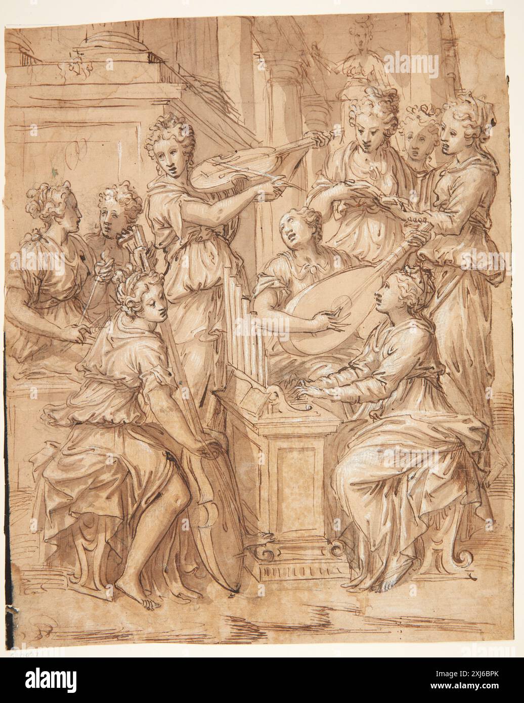 Women's Riding Instrument Drawing of women playing musical instruments by an unknown artist Stock ...
