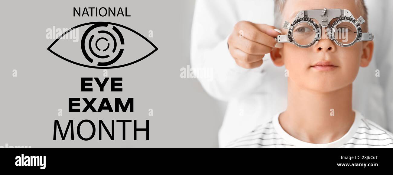 Banner for National Eye Exam Month with boy undergoing eye test in ...