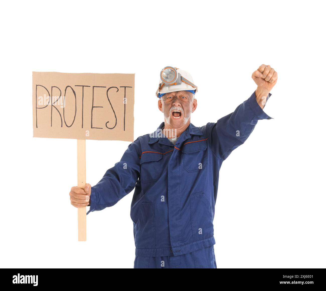 Protesting mature miner man with placard on white background Stock Photo