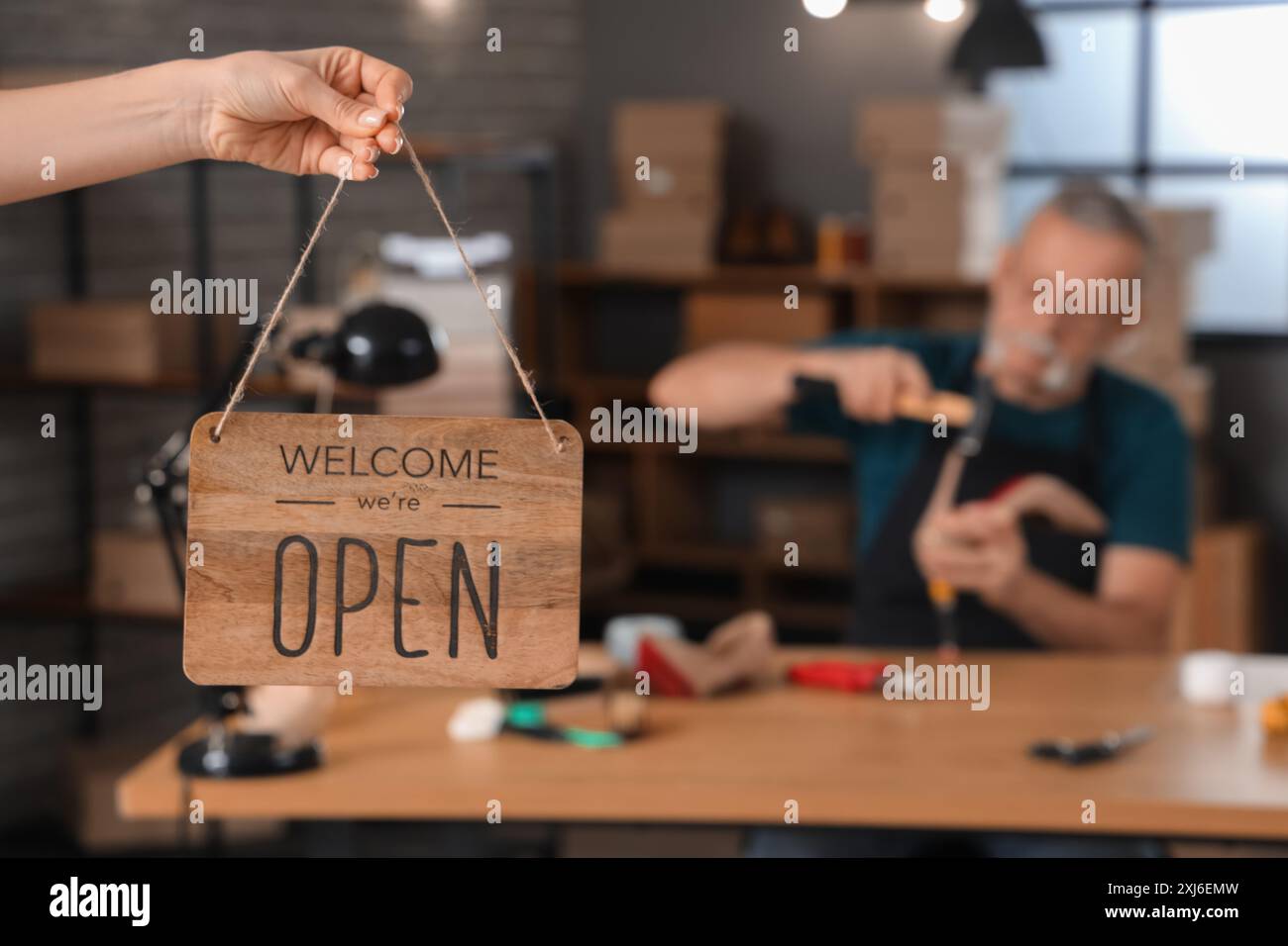 Shoemaker Open Sign Shoemakers workshop hi-res stock photography and images - Alamy