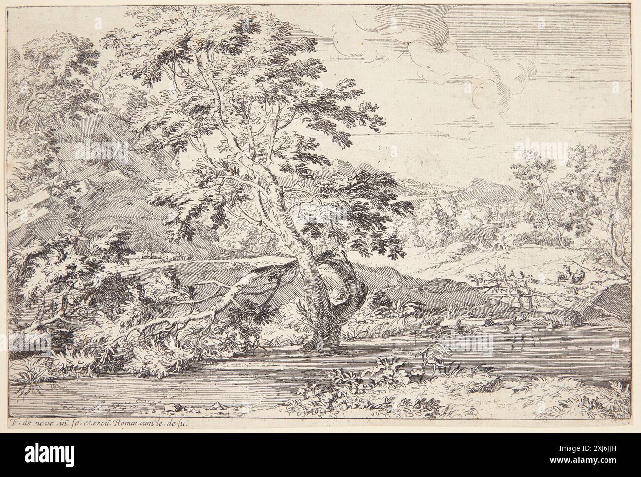 Etching by Franciscus de Neve showing a river landscape with a tree ...