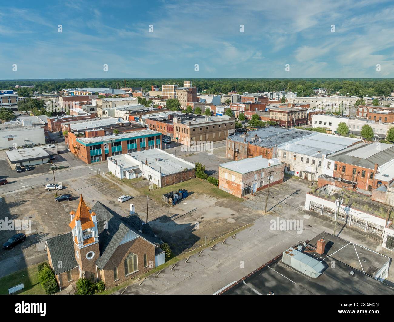 Aerial view of Rocky Mount Nash County North Carolina, typical small town USA with main street, Methodist church, public buildings Stock Photo