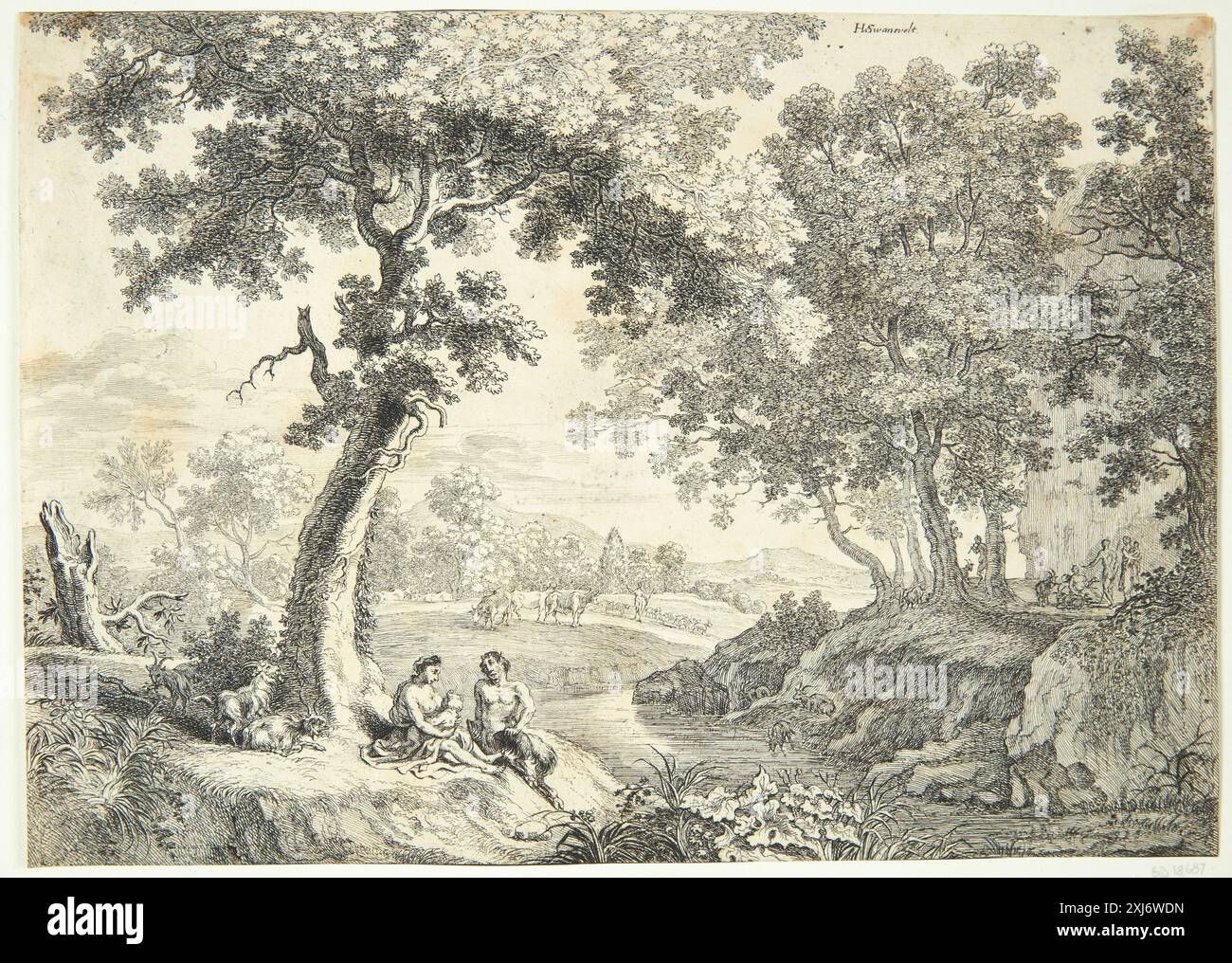 Satyr family sitting under a tree Swanevelt, Herman van 1601 - 1655 Etching, Print Hollstein's Dutch and Flemish etchings, engravings and woodcuts 1450-1700 (vol. XXIX), Samuel de Swaef - Jan Thesing, Dieuwke de Hoop Scheffer, 27 (After H. Swanevelt), C 38945, 1984 Satyrfamilie siddende under et træ Stock Photo