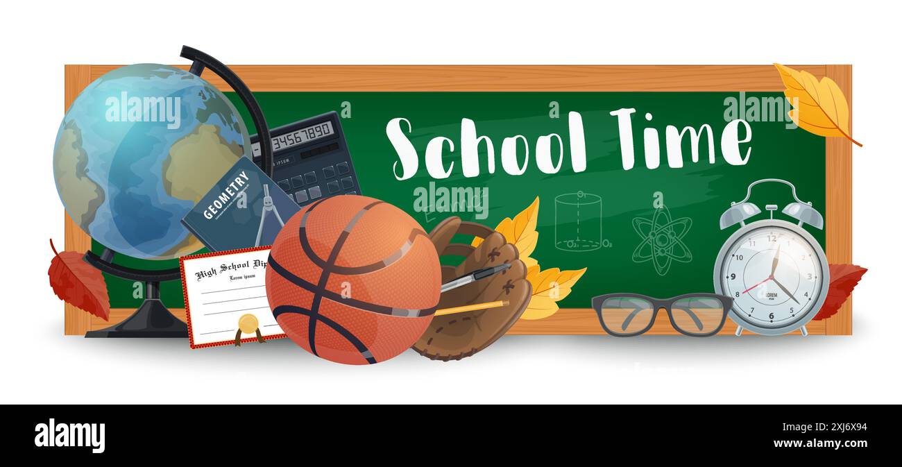 Back to school banner with education supplies on green chalkboard ...