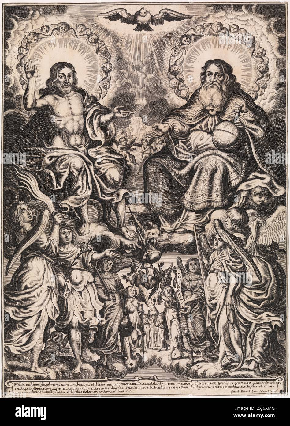 Depicts the Trinity surrounded by angels, showing God the Father ...