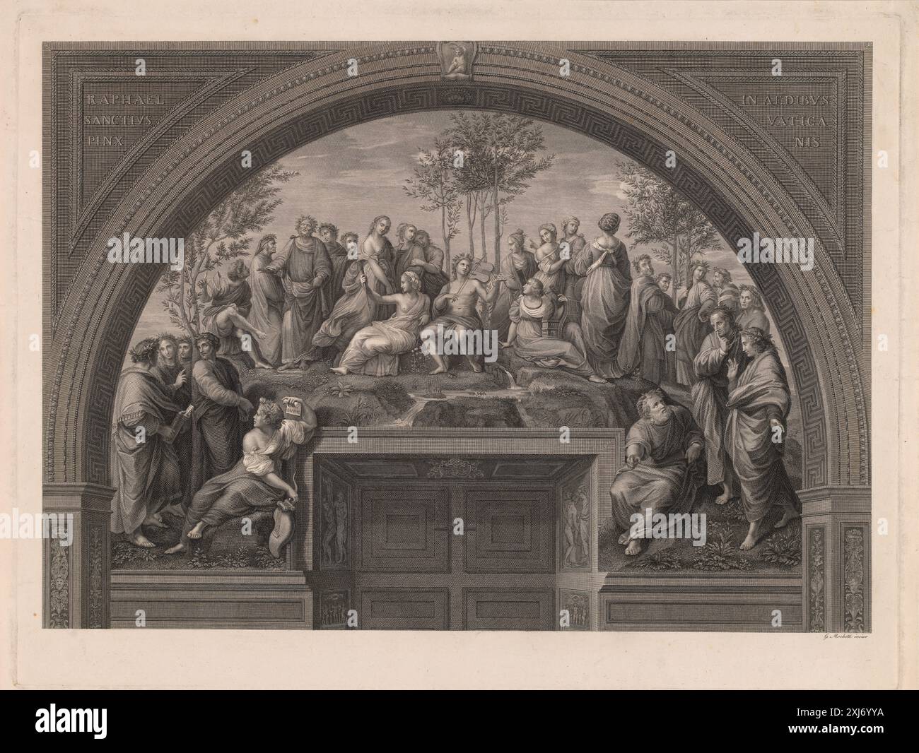 Parnasset Mochetti, Giuseppe 1814 - 1905, Raphael 1483 - 1520 Copper engraving, Print Raphael invenit: stampe da Raffaello nelle collezioni dell'Istituto Nazionale per la Grafica, Grazia Bernini Pezzini, ikke omtalt, 51763, 1985 Parnasset Stock Photo