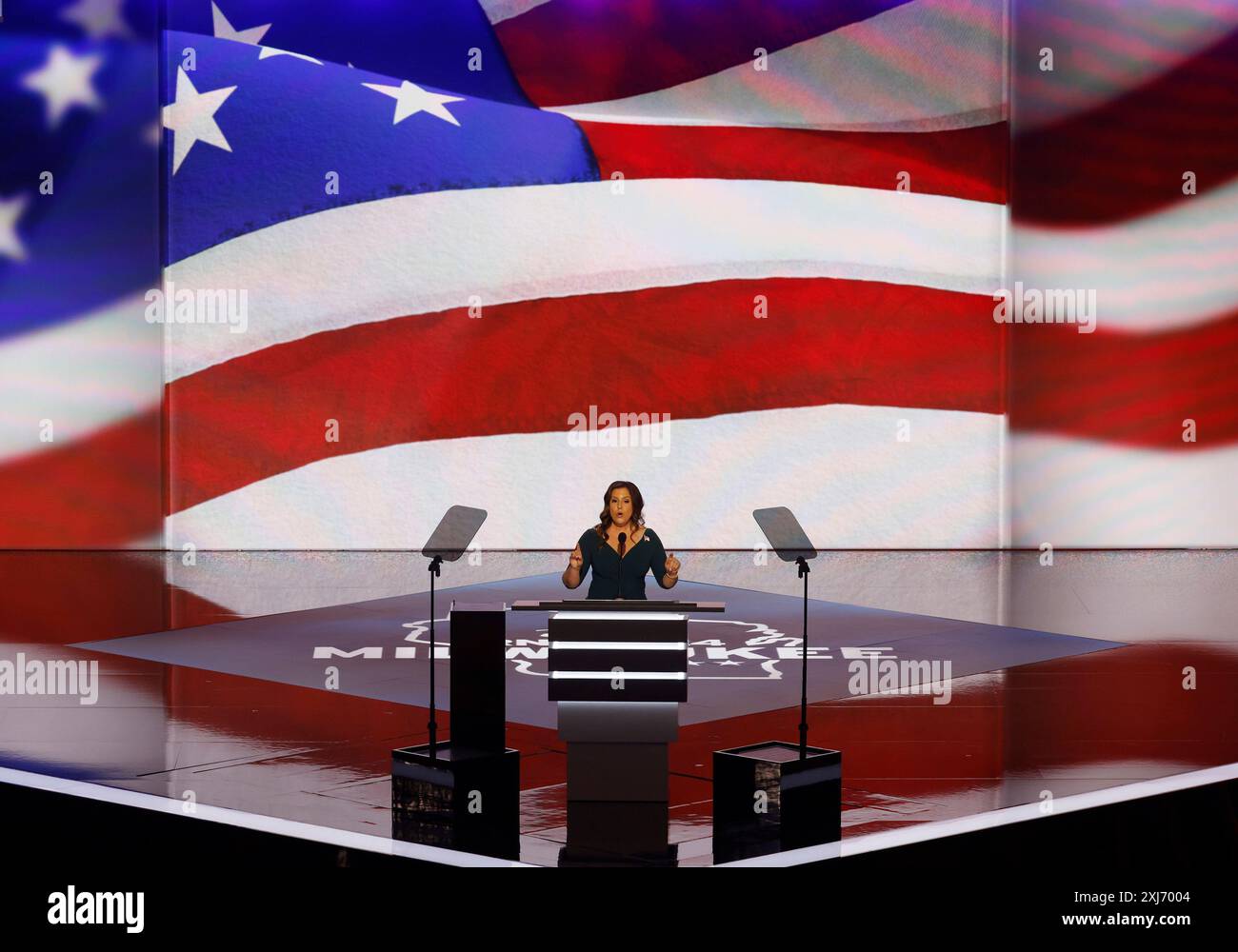 Milwaukee, United States. 16th July, 2024. Rep. Elise Stefanik, R-NY, House Republican Conference Chair, speaks at the 2024 Republican National Convention at Fiserv Forum in Milwaukee, Wisconsin on Tuesday, July 16, 2024. Photo by Tannen Maury/UPI Credit: UPI/Alamy Live News Stock Photo