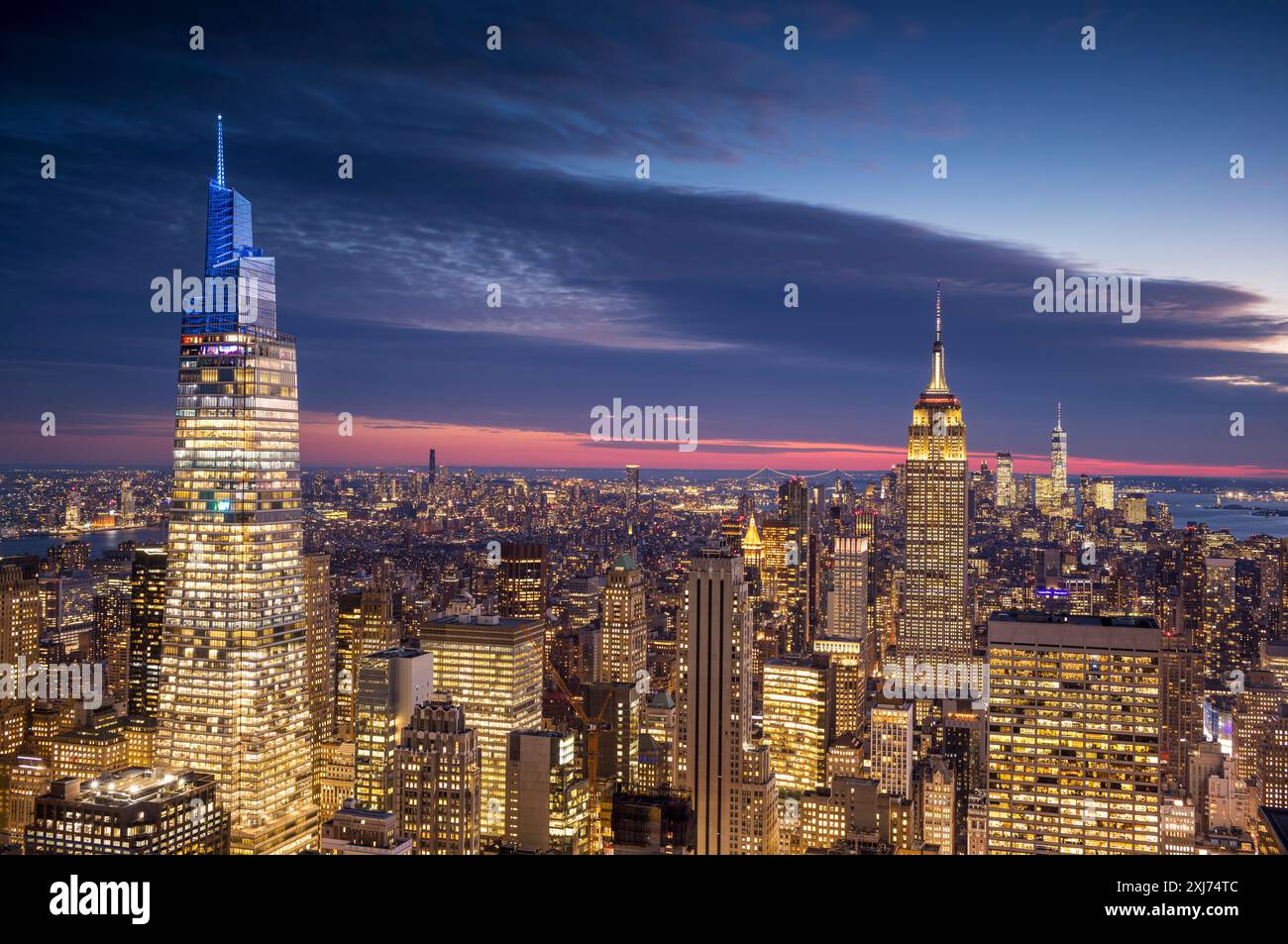 New York City skyline with a view of downtown at night, USA Stock Photo ...