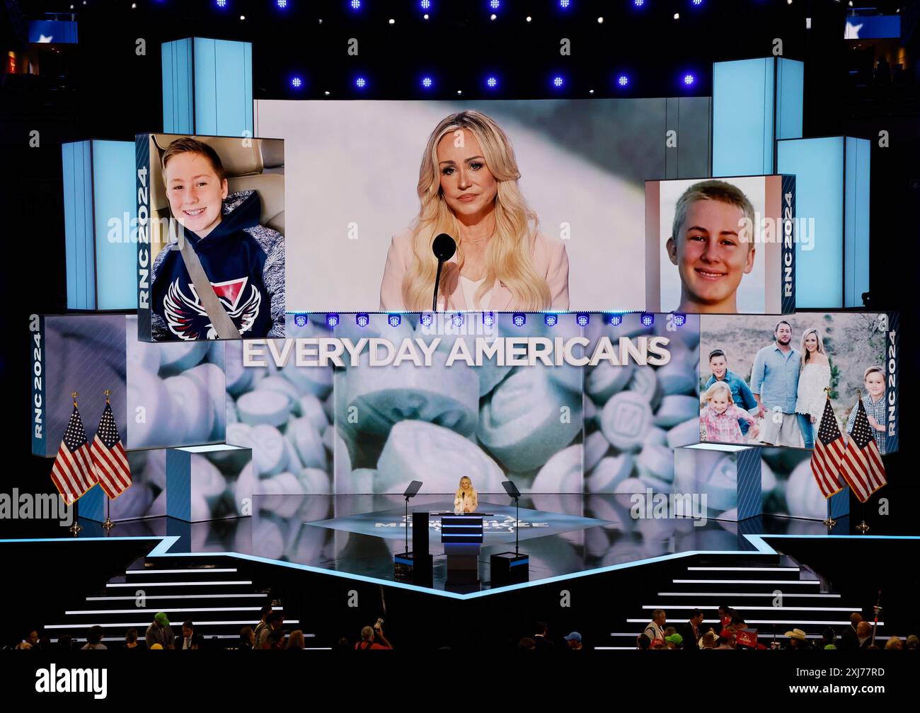 Milwaukee, United States. 16th July, 2024. Anne Fundner, who lost her son to fentanyl, speaks at the 2024 Republican National Convention at Fiserv Forum in Milwaukee, Wisconsin on Tuesday, July 16, 2024. Photo by Tannen Maury/UPI Credit: UPI/Alamy Live News Stock Photo