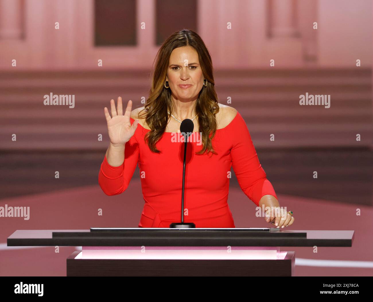 Milwaukee, United States. 16th July, 2024. Arkansas Gov. Sarah Huckabee Sanders speaks at the 2024 Republican National Convention at Fiserv Forum in Milwaukee, Wisconsin on Tuesday, July 16, 2024. Photo by Tannen Maury/UPI Credit: UPI/Alamy Live News Stock Photo