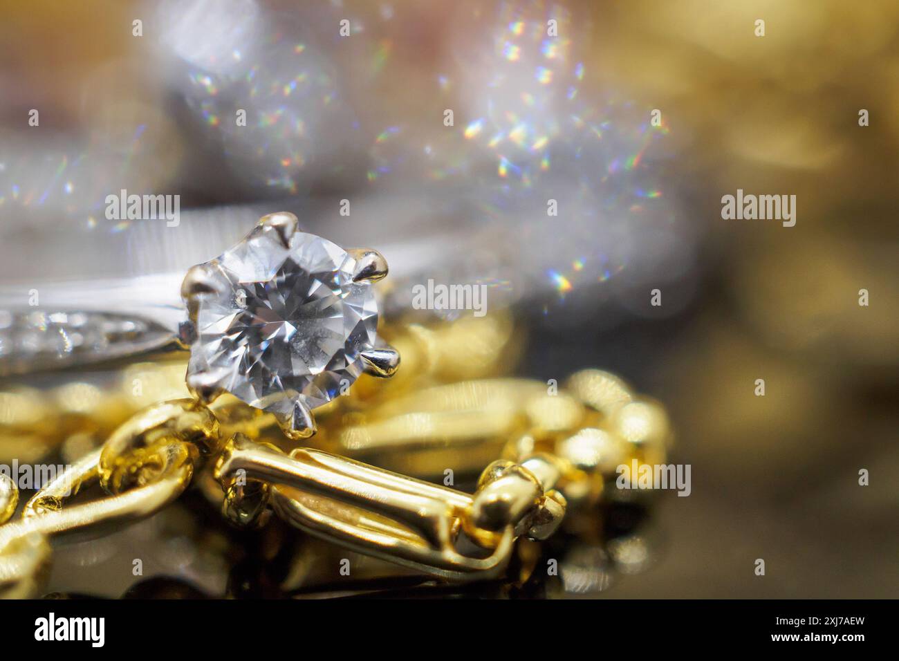 Luxury gold Jewelry diamond rings with reflection on black background ...