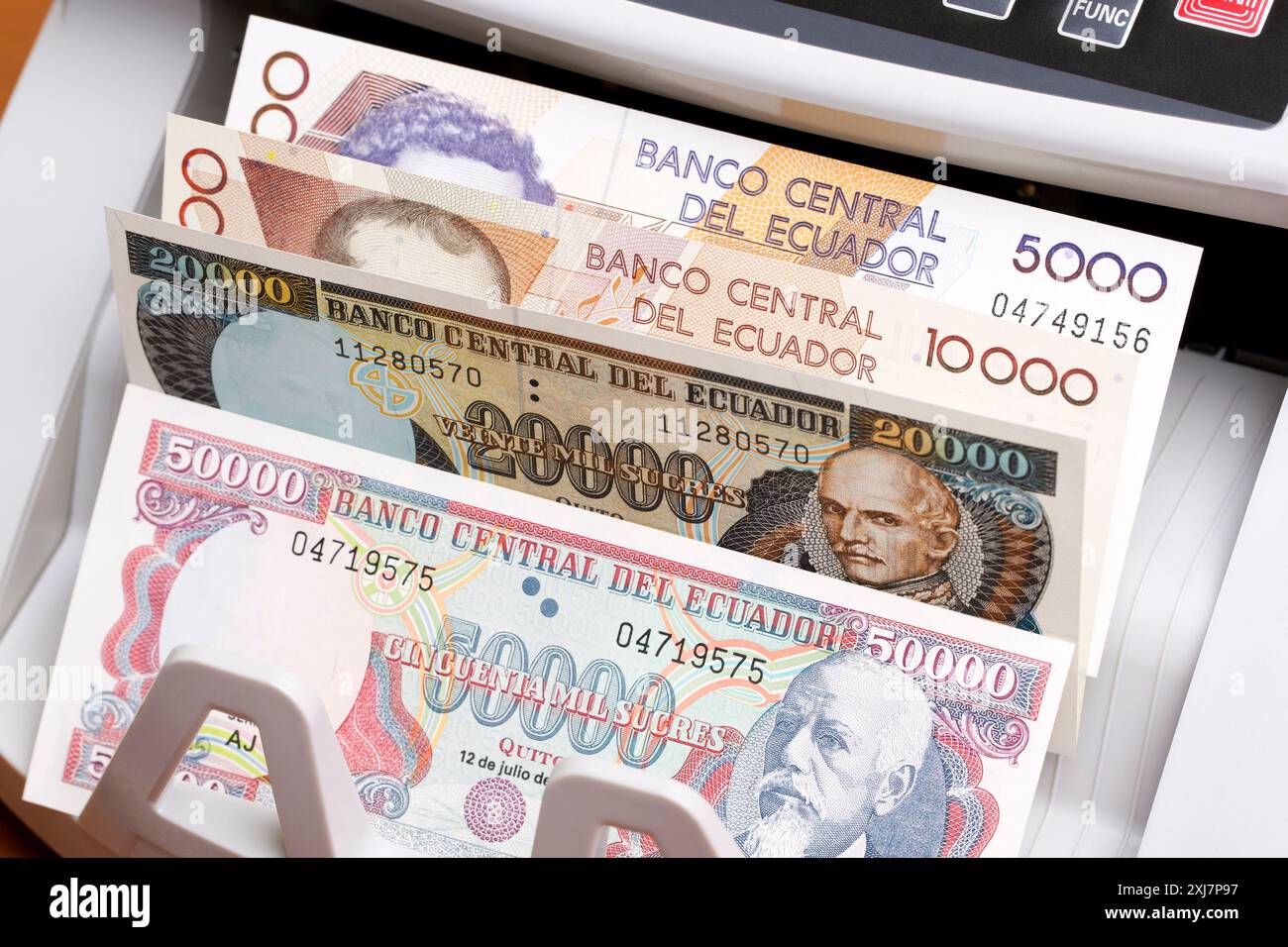 Ecuadorian money - sucre in the counting machine Stock Photo