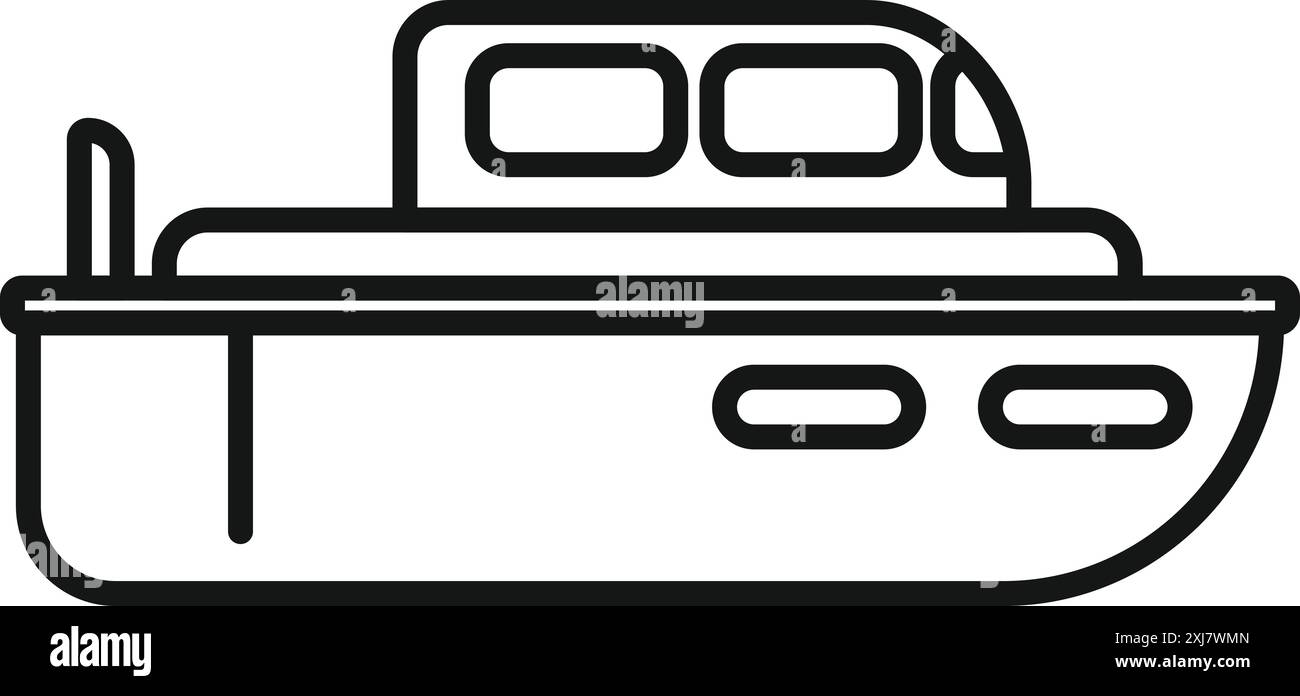 Simple black and white icon of a small fishing boat floating on the ...