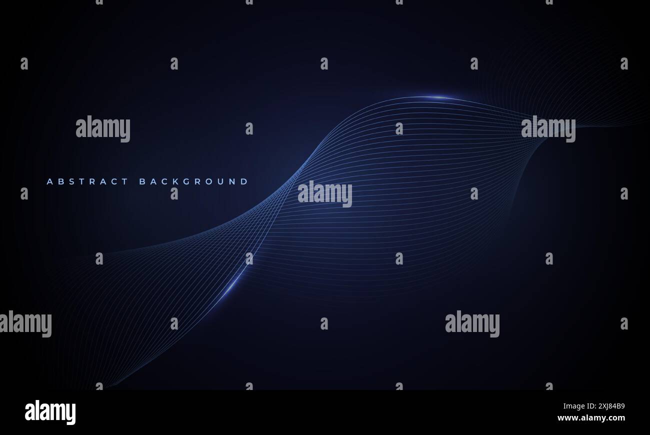 Dark blue abstract background with glowing blue wavy lines. Technology ...