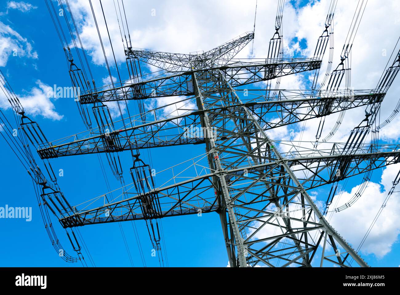 Electricity transmission. High power electricity poles. Transmission